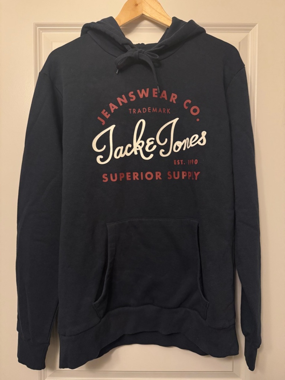 Jack & Jones Dark Navy Blue Hoodie with Red and Cream Logo
